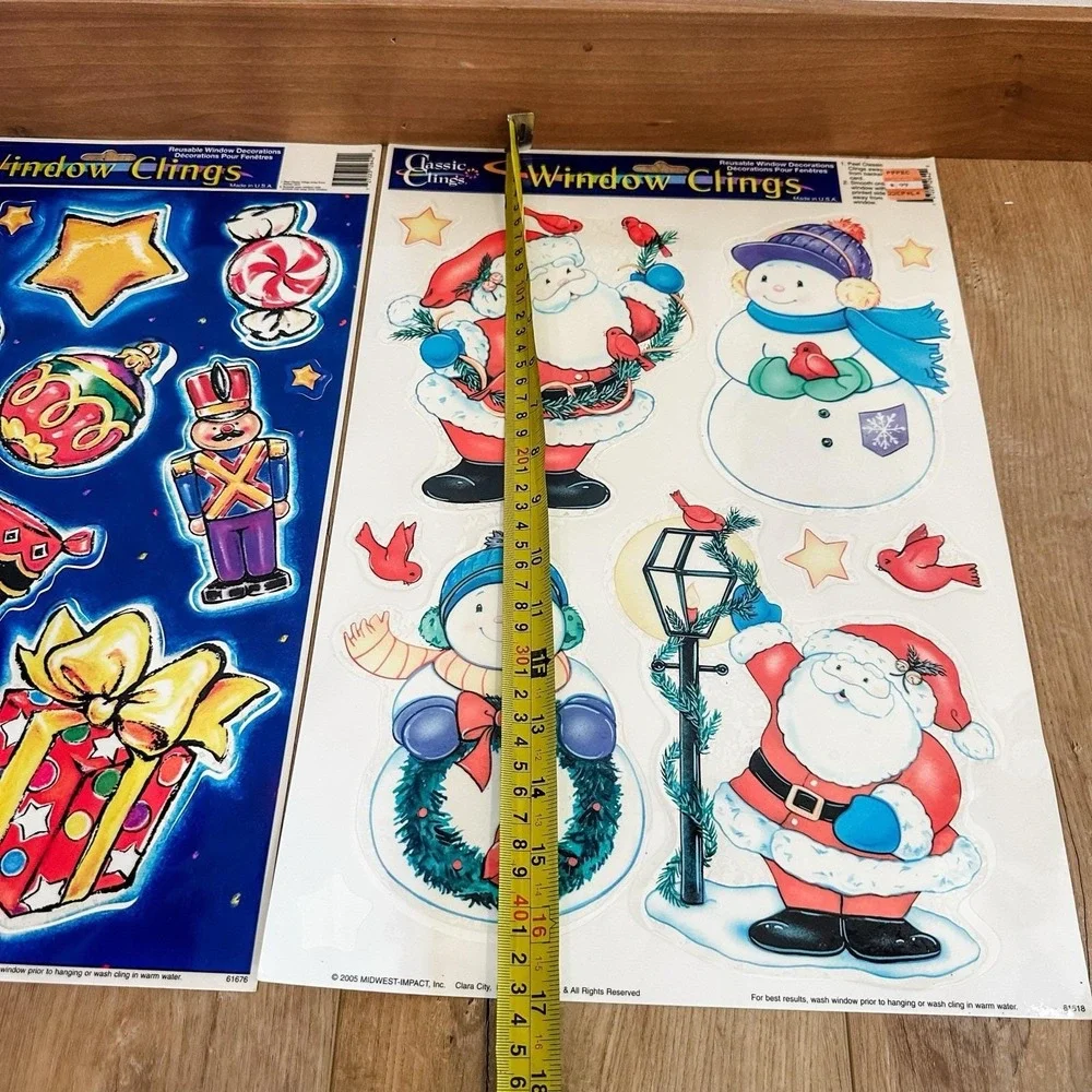 VTG 2000's (2) Christmas‎ Window Clings Decals Santa Snowman Present Candy Cane